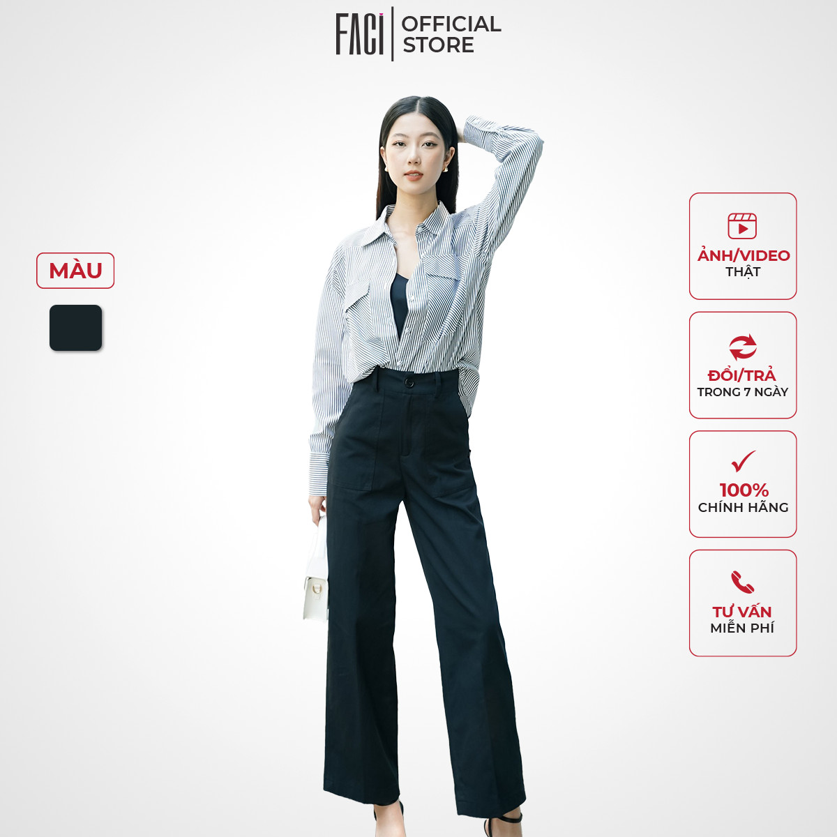 Quần nữ faci ceci kiểu ống suông cạp cao có túi sườn chất kaki nhật màu đen siêu tôn dáng - fa144