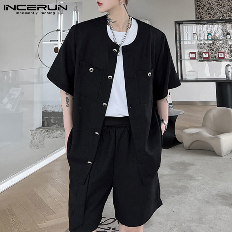 Incerun Mens Thời Trang Trang Phục Chính Thức Áo Sơ Mi Ngắn Tay Áo & Quần Short Belted Thông Minh Văn Phòng Trang Phục (Phong Cách Hàn Quốc) 822