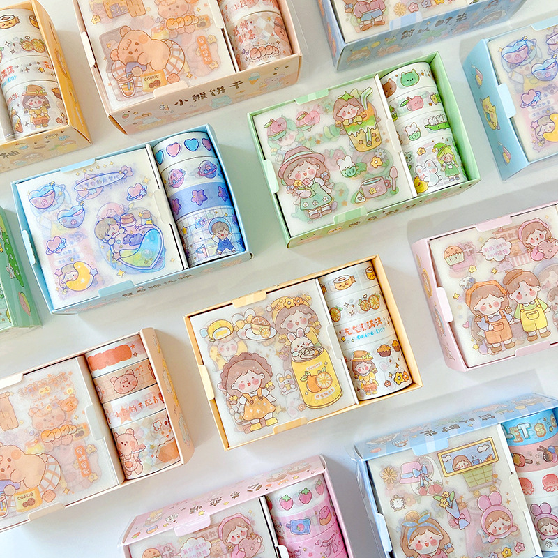 Set hộp 4 tấm sticker , 4 cuộn washi dễ thương dán trang trí , sticker siêu dễ thương