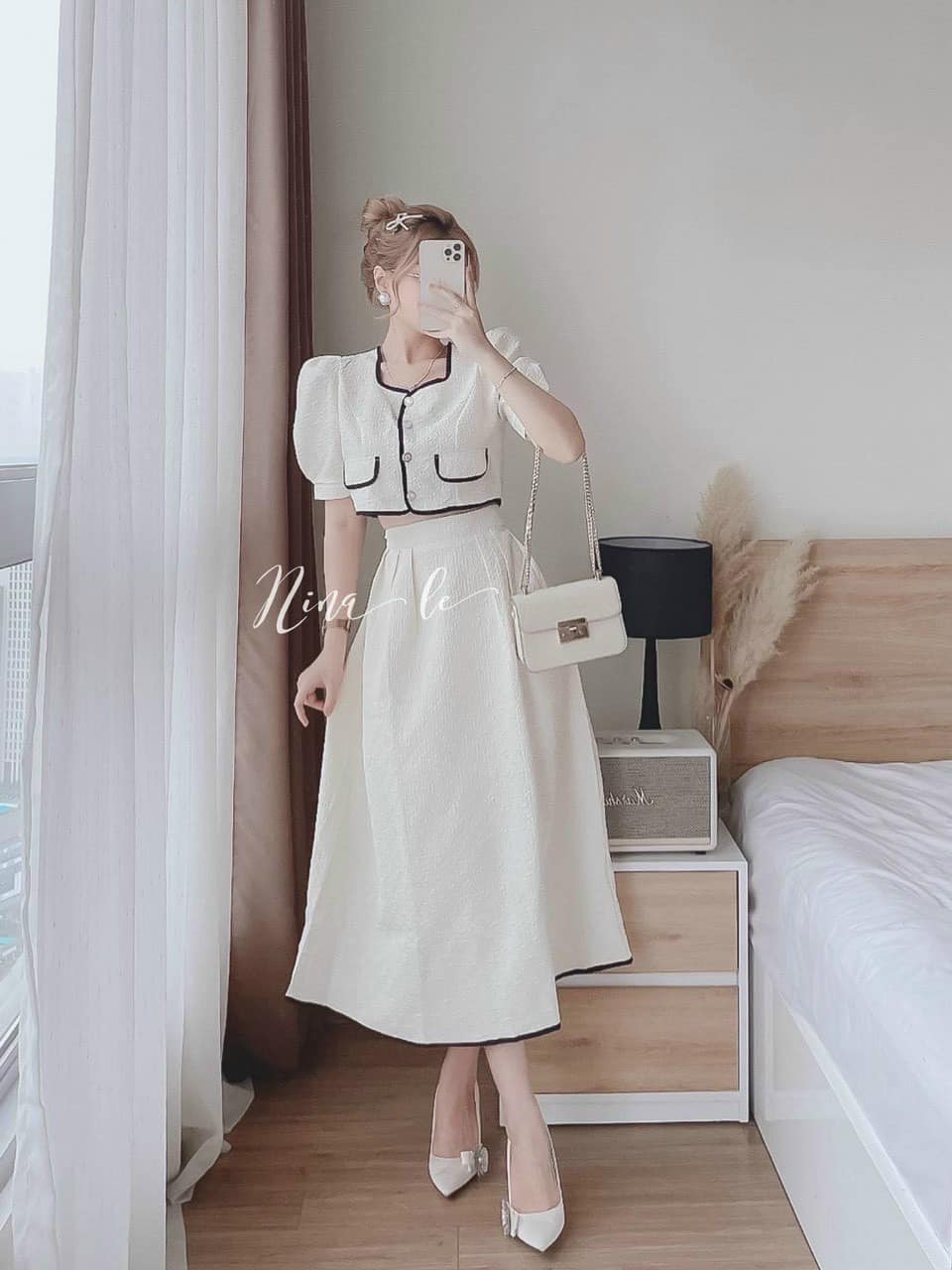 Set áo croptop viền túi & chân váy xòe midi trắng+ hồng sb013