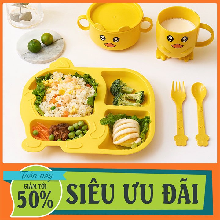 Set 5 món đĩa, chén, ly, muỗng, nĩa hình vịt con cho bé