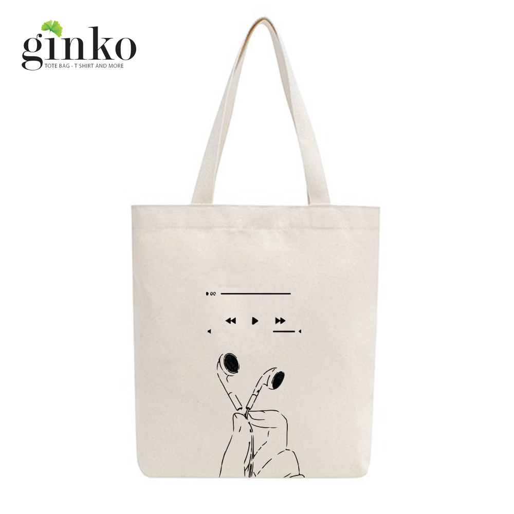 Túi tote vải mộc GINKO dây kéo in hình LISTEN TO MUSIC M34