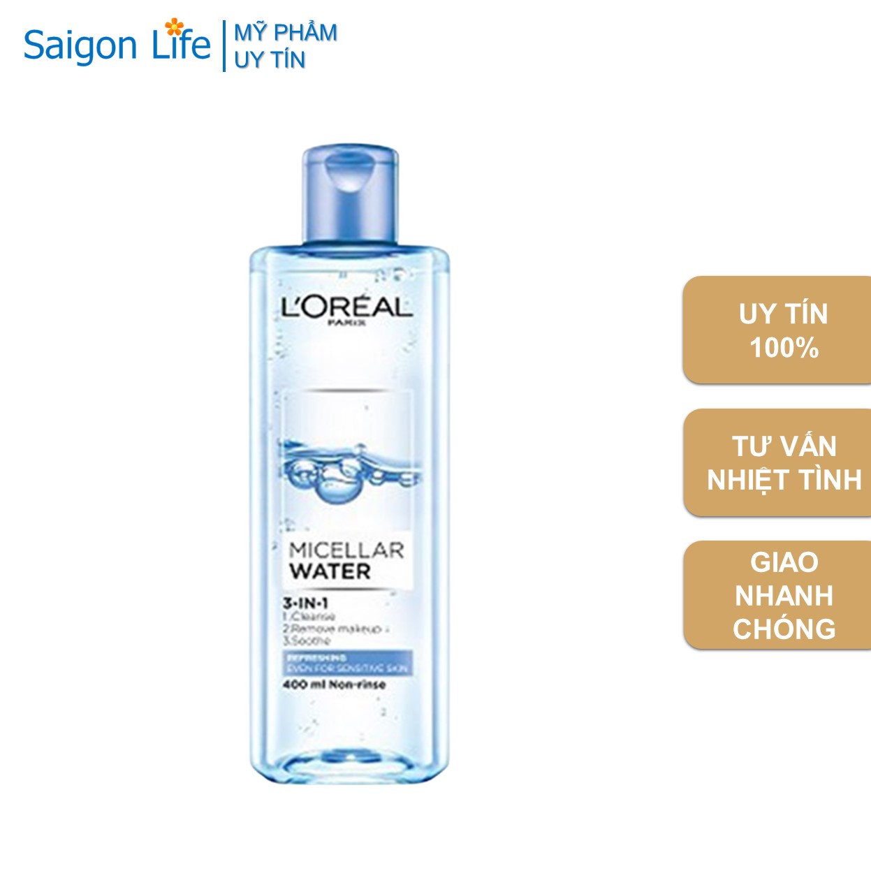 Nước Tẩy Trang Tươi Mát, Giảm Nhờn, Ngừa Mụn L'Oreal Paris 3-in-1 Refreshing Micellar Water 400ml (Xanh Nhạt)