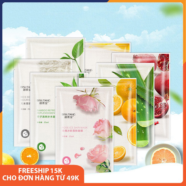 Combo 10 mặt nạ giấy dưỡng da Bisutang từ trái cây dưỡng ẩm, se khít lỗ chân lông, da sáng màu,làm săn và tăng độ đàn hồi, cấp nước thải độc, phục hồi dachống lão hóa,dưỡng trắng da mờ thâm nội địa Trung Melystore SPU058