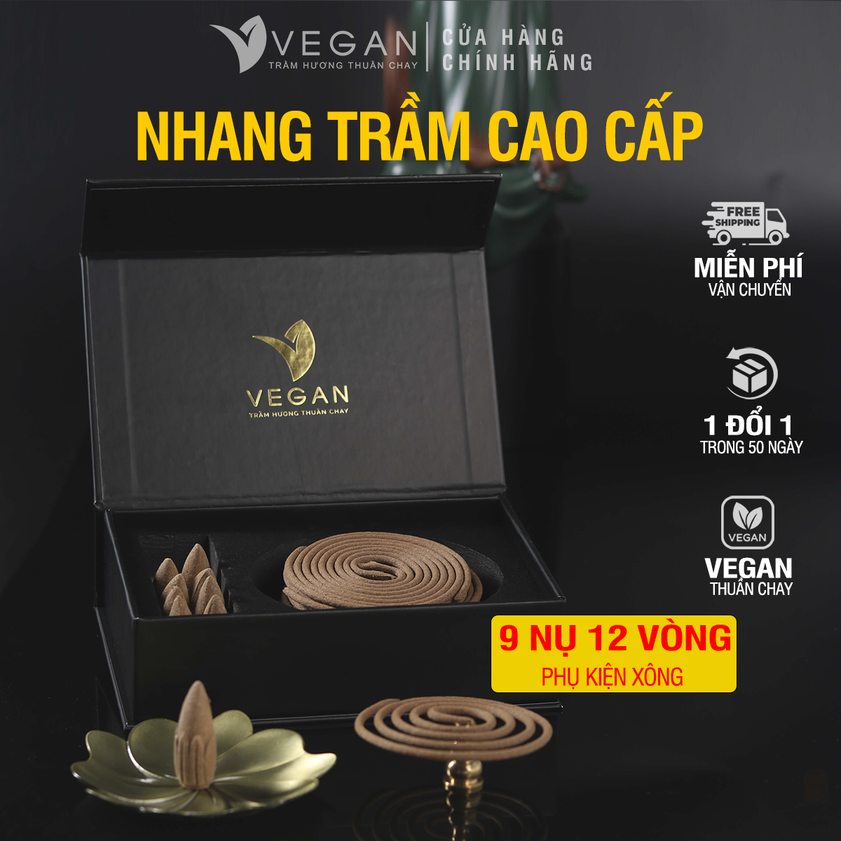 Bộ nhang nụ nhang khoanh VEGAN Trầm Hương Thuần Chay cao cấp - Tặng bộ đĩa đốt