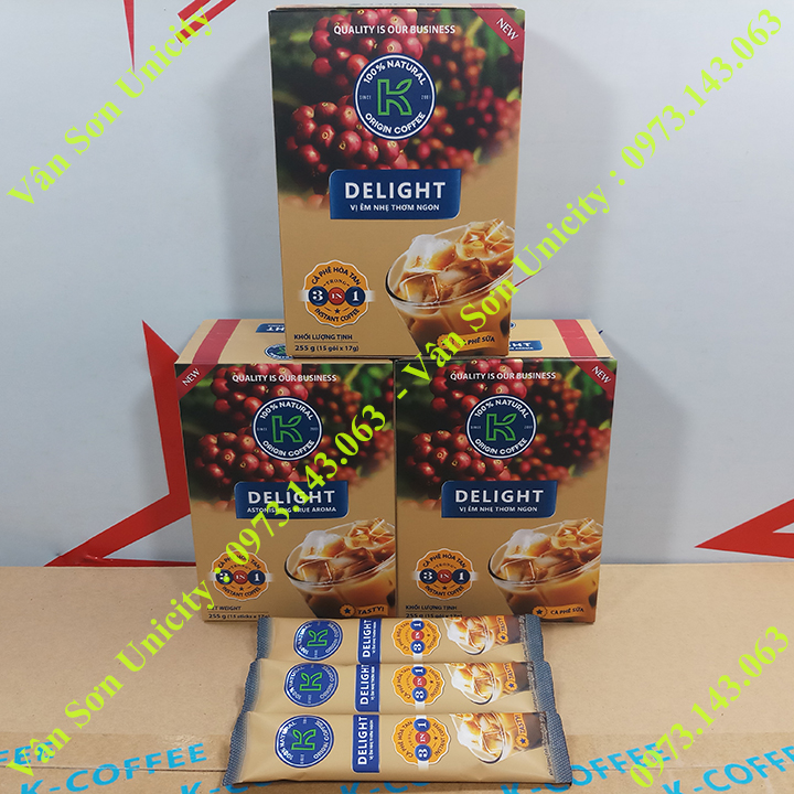 03 hộp cà phê sữa K Coffee Delight Phúc Sinh 255g (15 gói dài x 17g) Instant Coffee 3 in 1 (03 boxes)