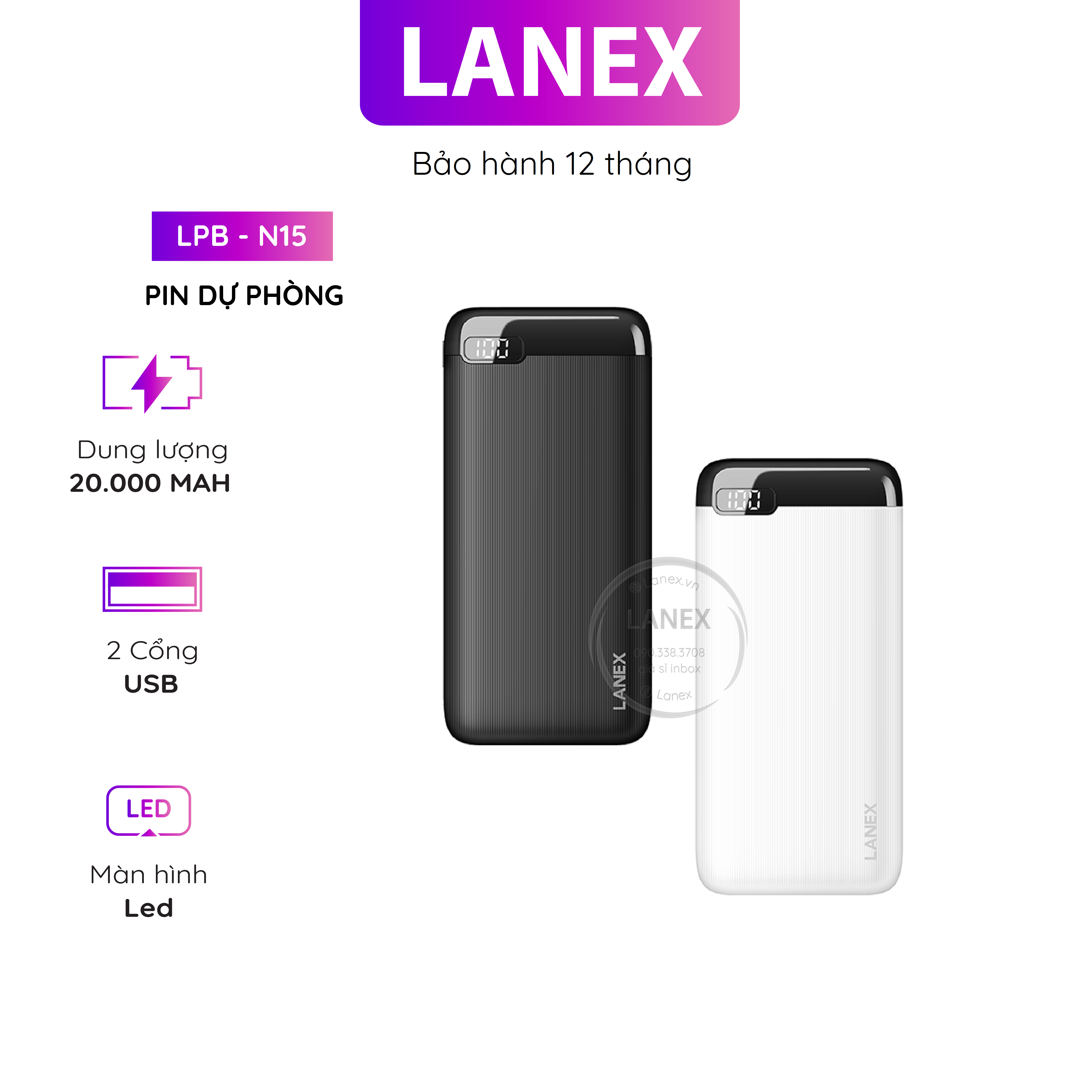 Pin dự phòng lanex lpb - n15 2 cổng usb 2.1a 20000mah màn hình led