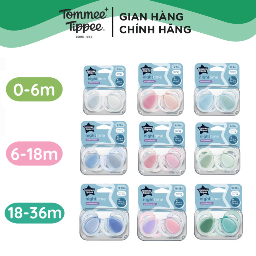 Ty ngậm dạ quang tommee tippee night time, cho bé 0-6, 6-18, 18-36 tháng