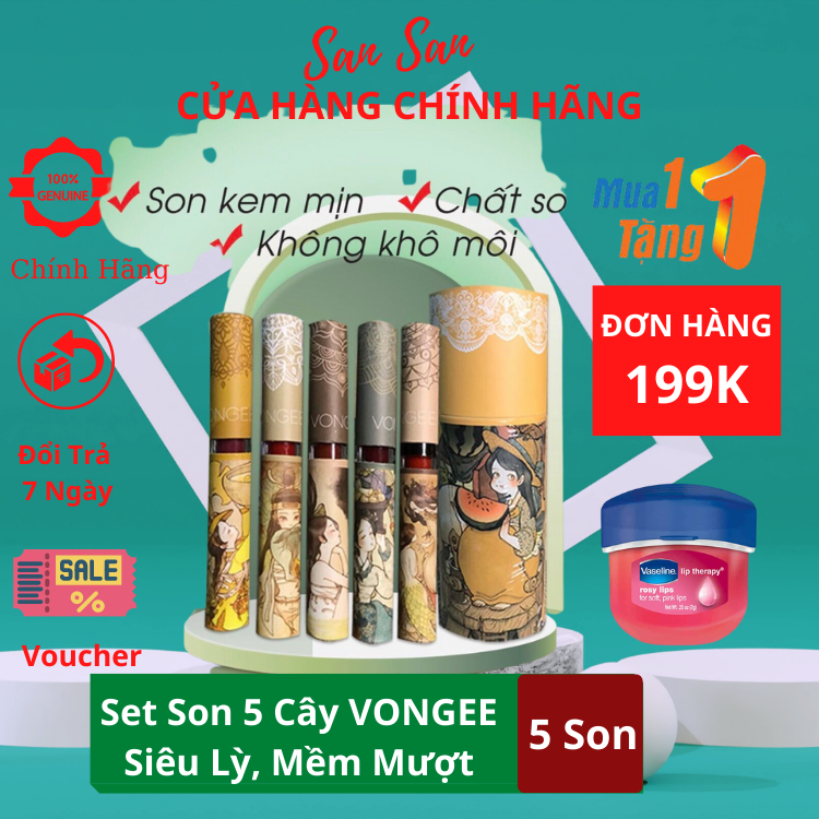 Set son 5 cây vongee son môi chính hãng son lì không trôi son kem lì set son đẹp sansan