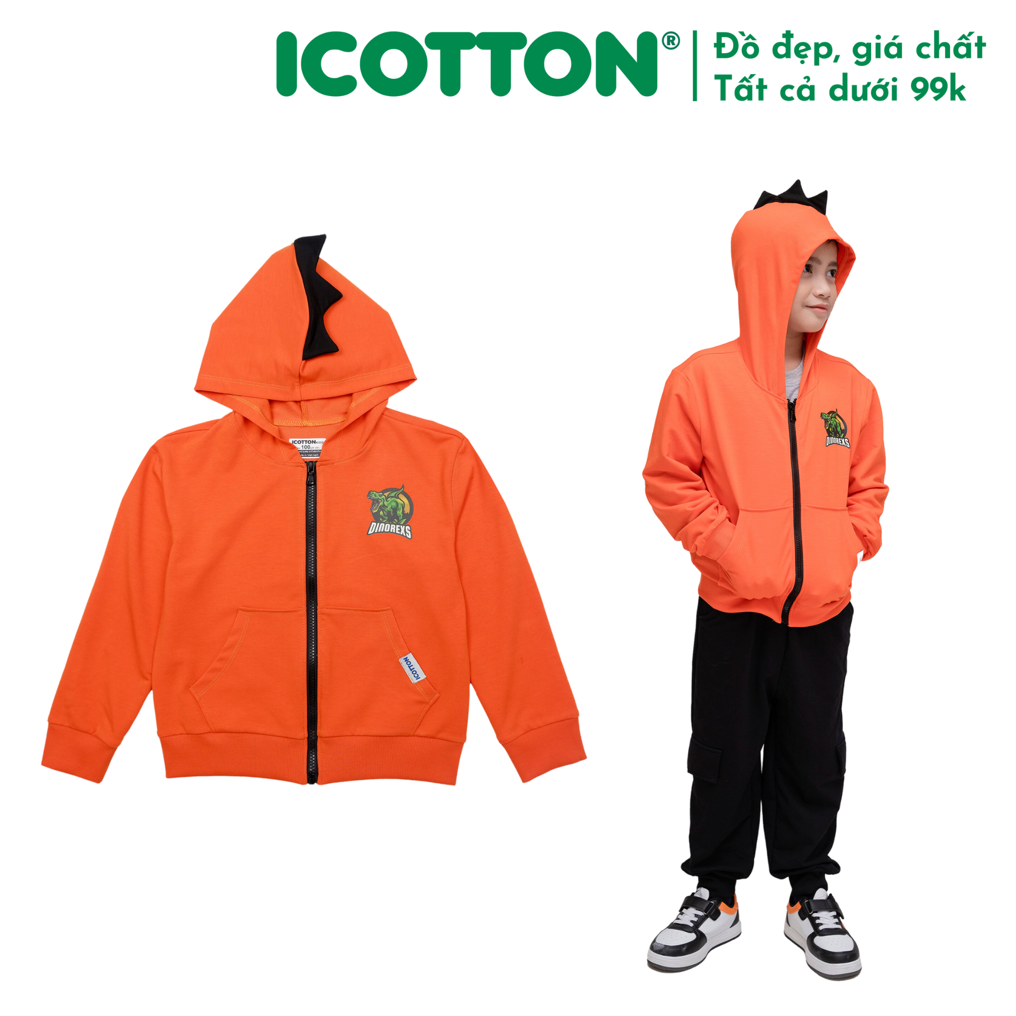 Áo khoác hoodie Khủng long bé trai Icotton màu Cam
