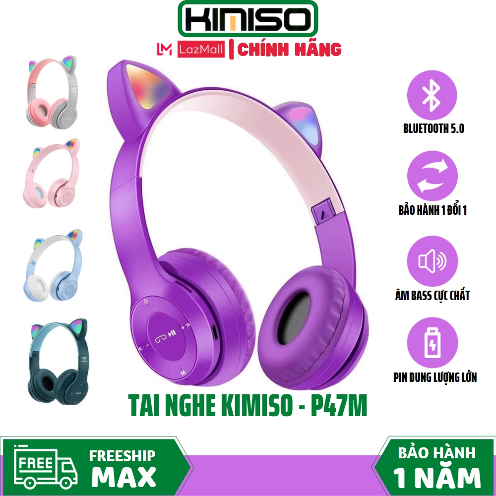 Tai nghe bluetooth chụp tai - Tai mèo dễ thương- KIMISO P47M có khe cắm thẻ nhớ - Tai Nghe Có Mic - Âm Thanh Đỉnh Cao tại LACIStore