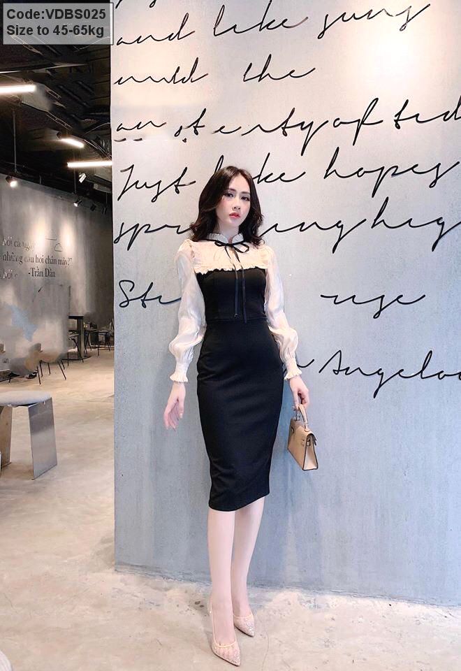 Đầm body nữ phối cổ cột nơ /Body dress that attached bow tie