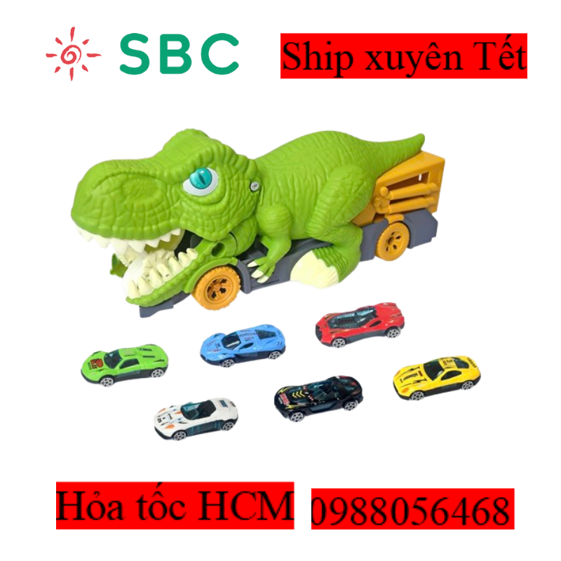 Bộ đồ chơi ô tô hình khủng long nuốt xe con, gồm 6 xe ô tô