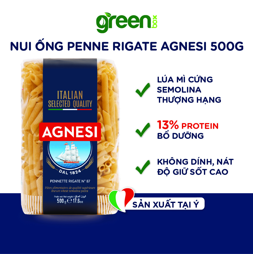 Nui ống cao cấp to và dài Penne Rigate Agnesi Ý 500g nấu ngon với sốt mì ý cà chua húng quế Basilico