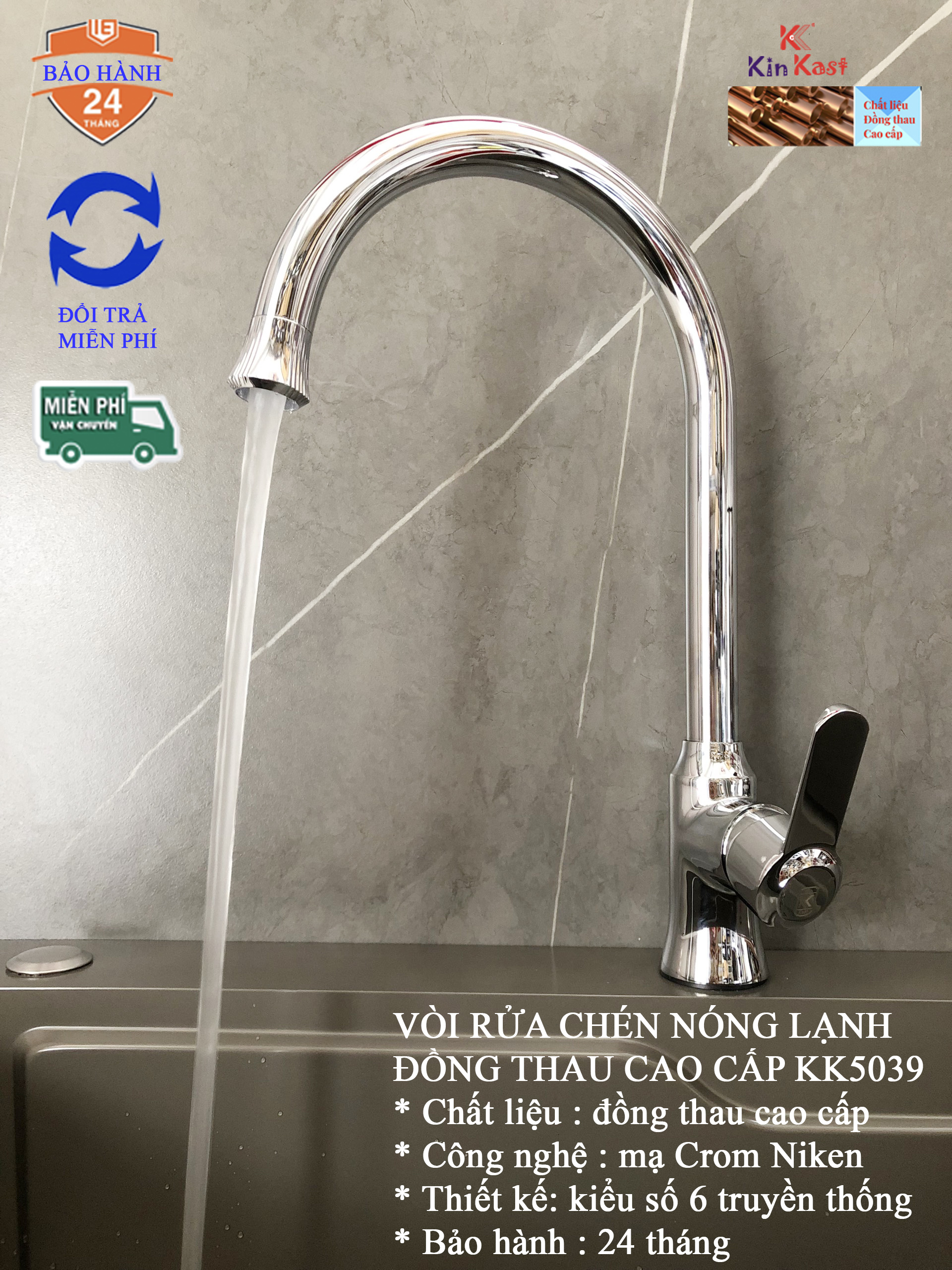 Vòi rửa chén bát nóng lạnh đồng thau kk5039 + vòi rửa nhà bếp nóng lạnh