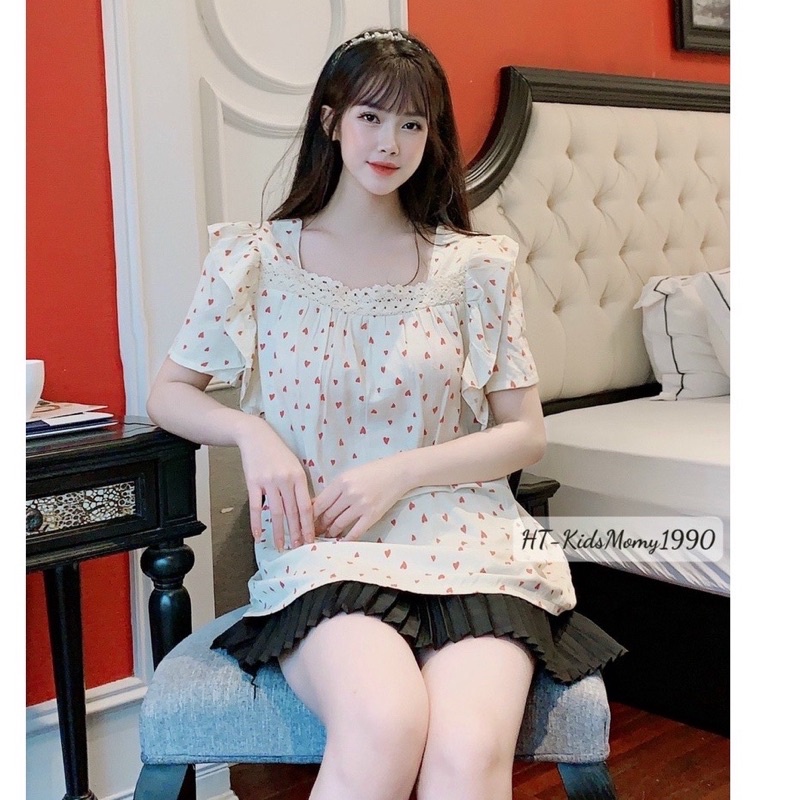 Áo bầu hoa nhí cổ vuông tay bèo- Free size 45-70kg