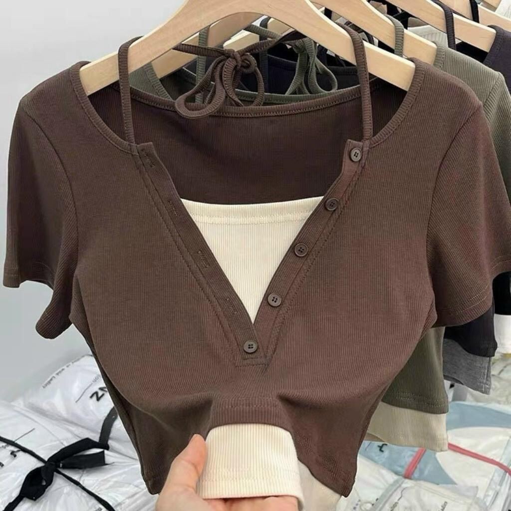 Áo croptop gân tay ngắn giả yếm