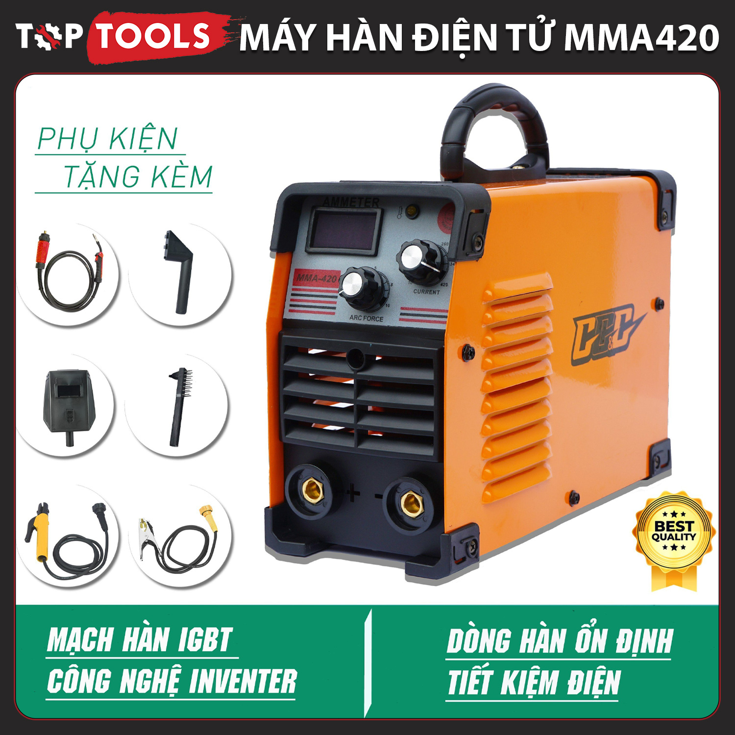 Máy hàn điện tử mini MMA420 Hàn sắt thép inox, Hàn kéo que 2.5 - 3.2 Công nghệ inverter tiết kiệm điện năng, Máy hàn que, hàn hồ quang chính hãng, Đủ bộ phụ kiện, Bả hành 1 năm