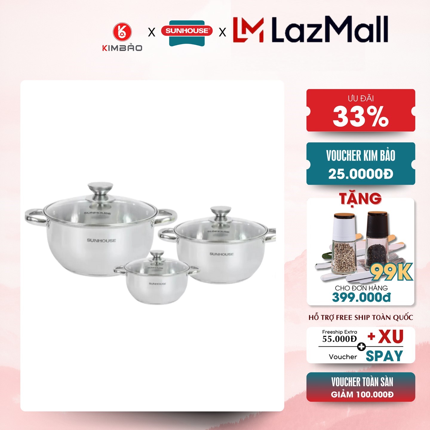 Bộ nồi inox 3 đáy sunhouse sh334 ,truyền nhiệt tốt, tỏa nhiệt đều-hàng chính hãng