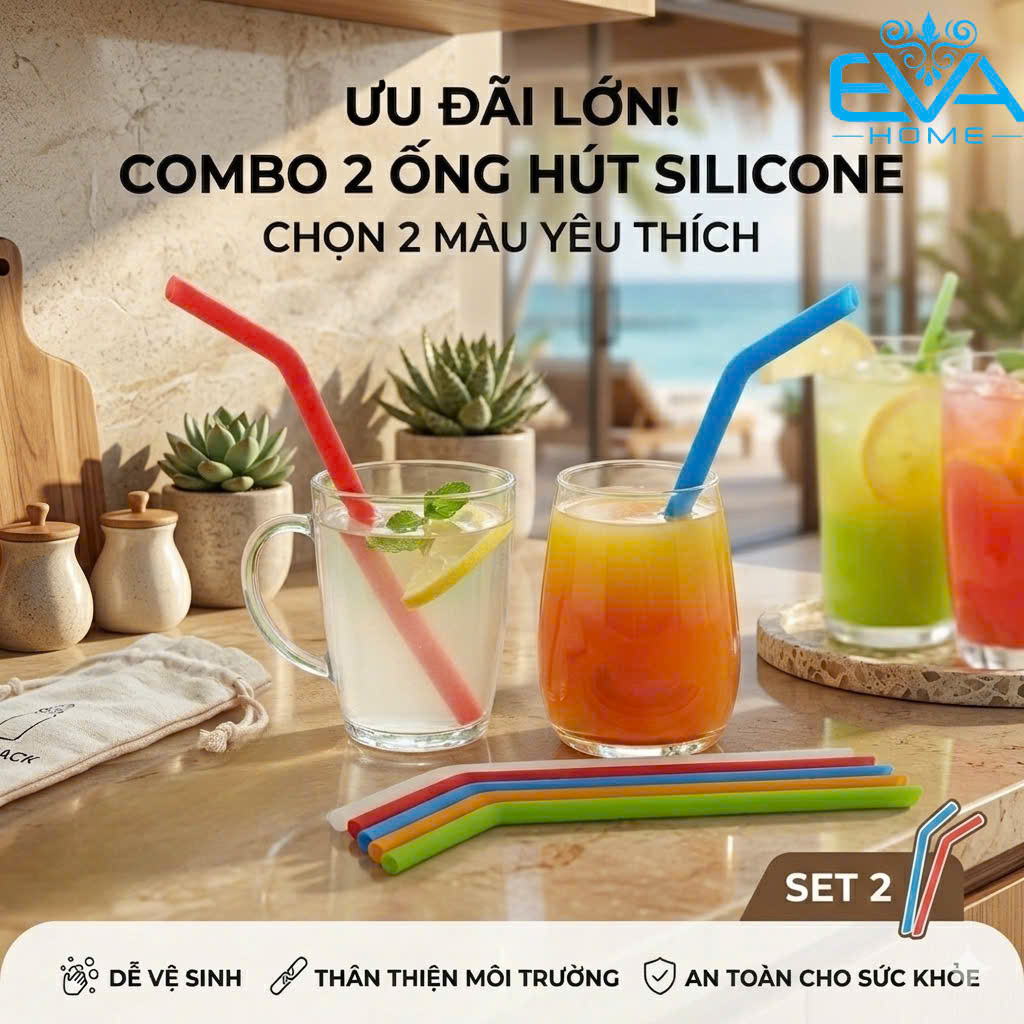 Set 2 Ống Hút Silicone Thực Phẩm Dáng Cong Kèm Cọ Rửa Cán Thép Tái Sử Dụng