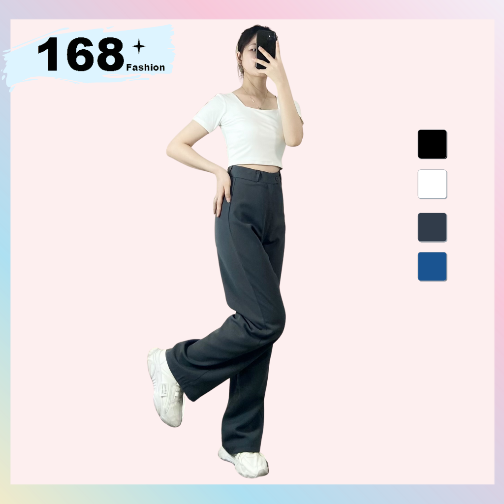 Quần tây nữ cạp cao 168FASHION (màu đen, màu xanh Coban, màu trắng, màu ghi), cúc lệch khóa giữa, basic, dáng dài 100cm, ống suông, vải tuyết mưa