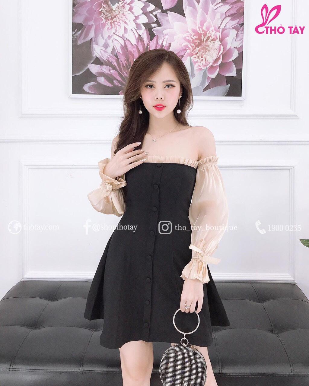 Đầm trễ vai tay phồng - đính nút -  hàng thiết kế cao cấp HOT FASHION