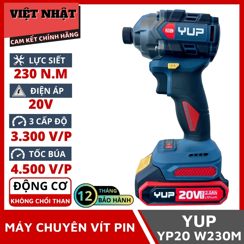 Máy Siết Vít 21V YUP YP20 W230M, động cơ không chổi than lực siết 230N, 3 cấp chỉnh lực có búa,Tốc độ ko tải 3 cấp: 0-3300v/p, hàng chính hãng giá rẻ
