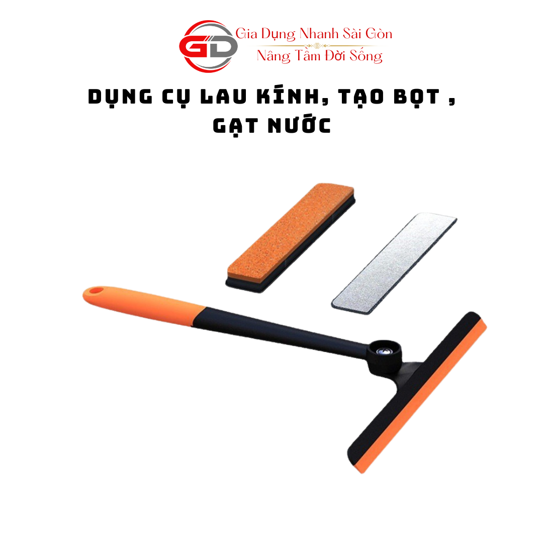 Cây Lau Kính Vệ Sinh Gạt Kính 2in1 Cao Cấp Màu Cam Xoay 360 Độ Tích Hợp Thêm Bàn Chải