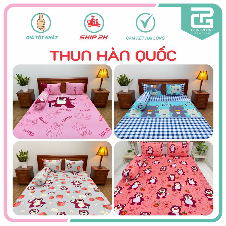 Bộ ga giường, Drap nệm Thun Lạnh Hàn Quốc 4 món họa tiết Hoạt hình (1 ga bọc + 2 vỏ gối nằm + 1 vỏ gối ôm)