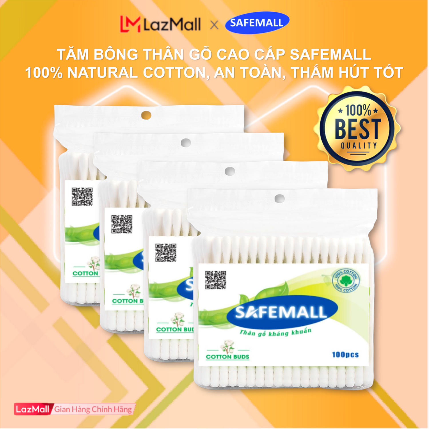 Combo tăm bông ráy tai thân gỗ Safemall 100% cotton buds natural, gói 100 que Bông gòn mềm mại thân thiện với môi trường, an toàn cho bé, tăm bông đa công dụng trang điểm, ngoáy tai, dụng cụ lau chùi - Hàng Chính Hãng SafeMall