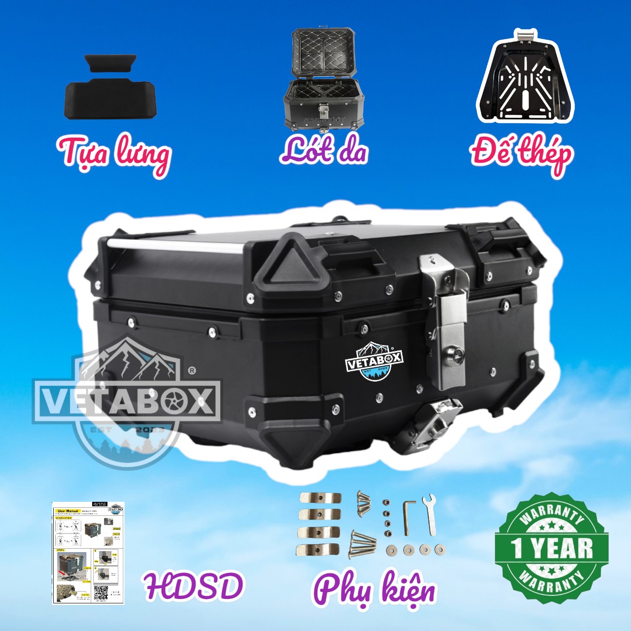 Thùng Nhôm Top Lùn 28L chính hãng VetaBox - Tặng lót da, Tựa Lưng - BH 1 năm (Chung nhà máy làm thùng Motowolf)