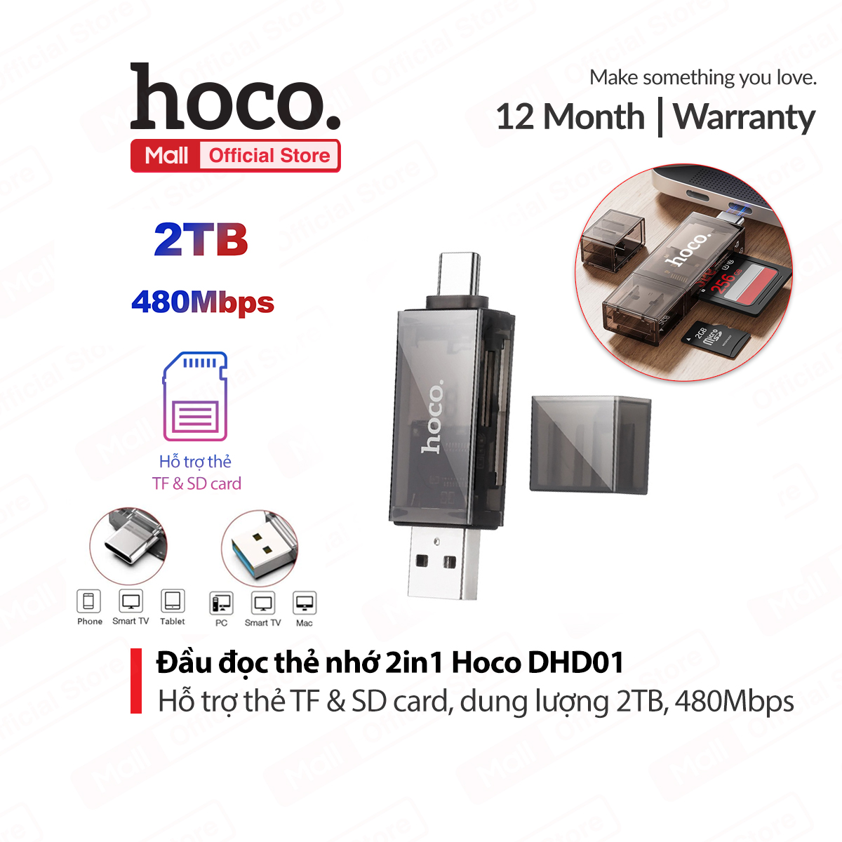 Đầu đọc thẻ nhớ 2in1 hoco dhd01 dung lượng 2tb , type-c/usb to sd/tf ,tốc độ truyền 480mbps, nhỏ gọn tiện lợi