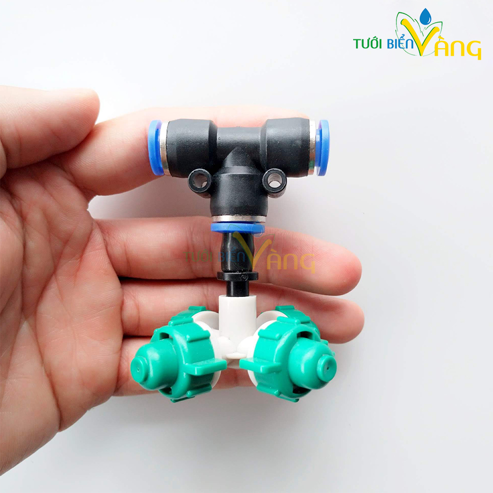 Bộ 10 Béc phun sương 4 hướng gắn kèm chân tê ống 8mm khi đạt áp suất 1,5 Bar van sẽ mở thông nước ra béc phun sương khi ngắt bơm áp suất giảm van sẽ đóng đột ngột giúp ngăn hiện tượng rò rỉ