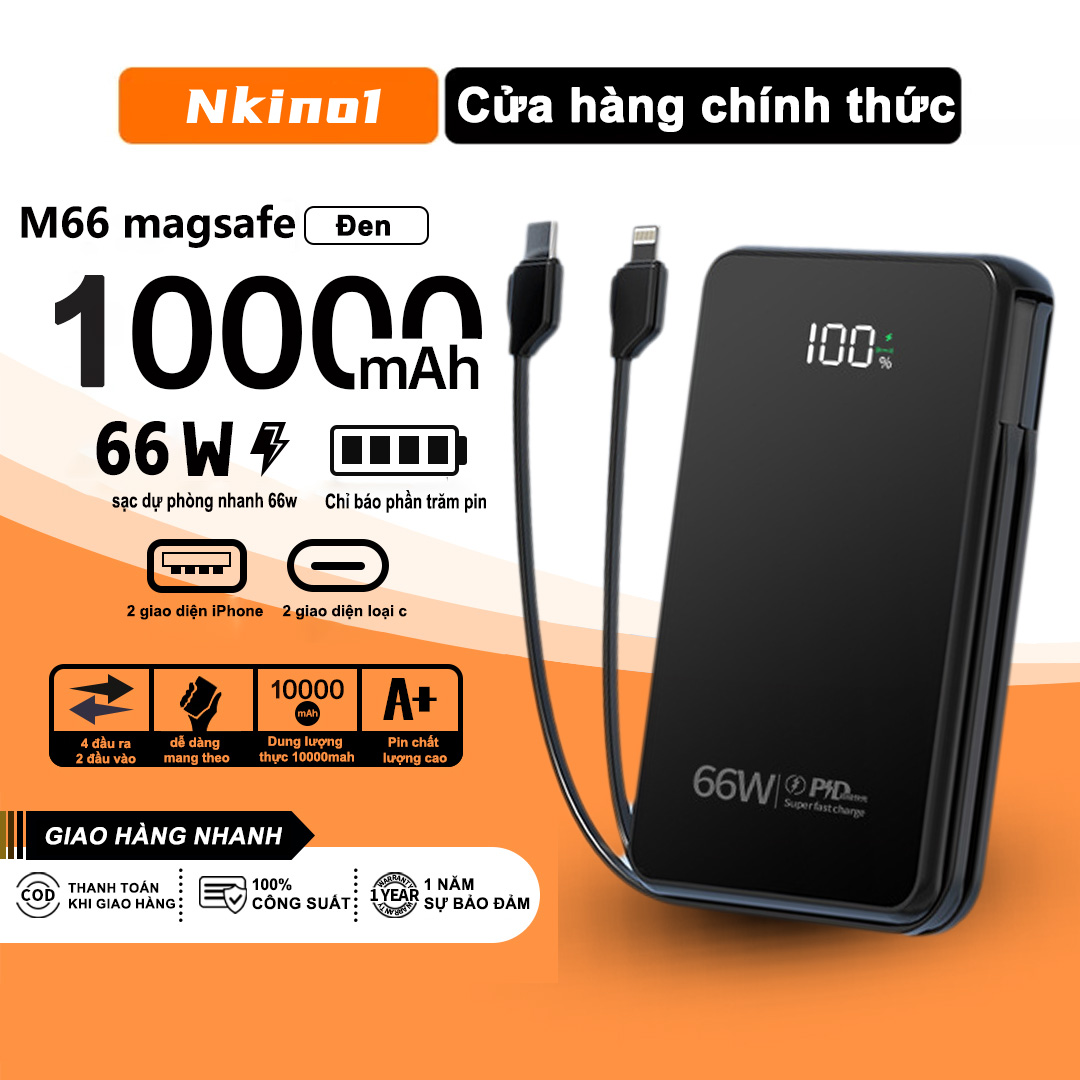 Pin Dự Phòng không dây magsafe từ tính10000mAh,PD66W Sạc siêu nhanh, đi kèm 2 cáp sạc có thể tháo rời,Thích hợp cho iPhone 11,12,13,14,15pro max