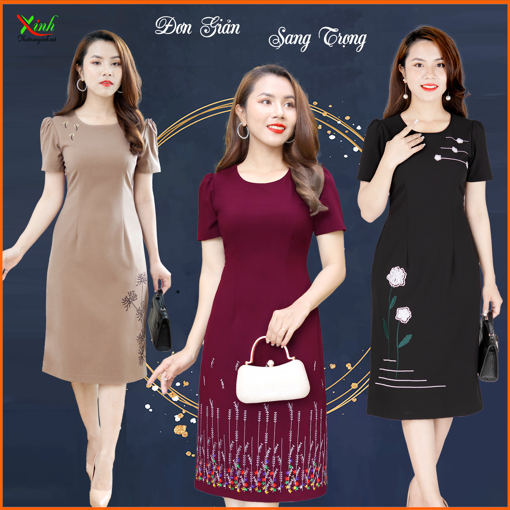 Đầm suông a thêu hoa 3d sang trọng che bụng gọn eo