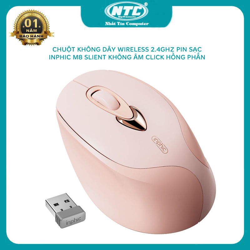 Chuột không dây pin sạc wireless kiêm bluetooth INPHIC DR801 hồng phấn silent không tiếng click - kèm ticker Nhất Tín Computer