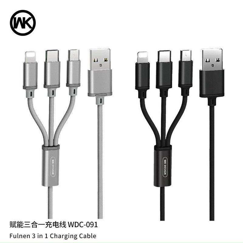 Dây cáp sạc đa năng bọc dù chính hãng WK 091TH 3 đầu Lightning, Type-C, Micro Usb,Bảo Hành 12 Tháng,AK Mobile