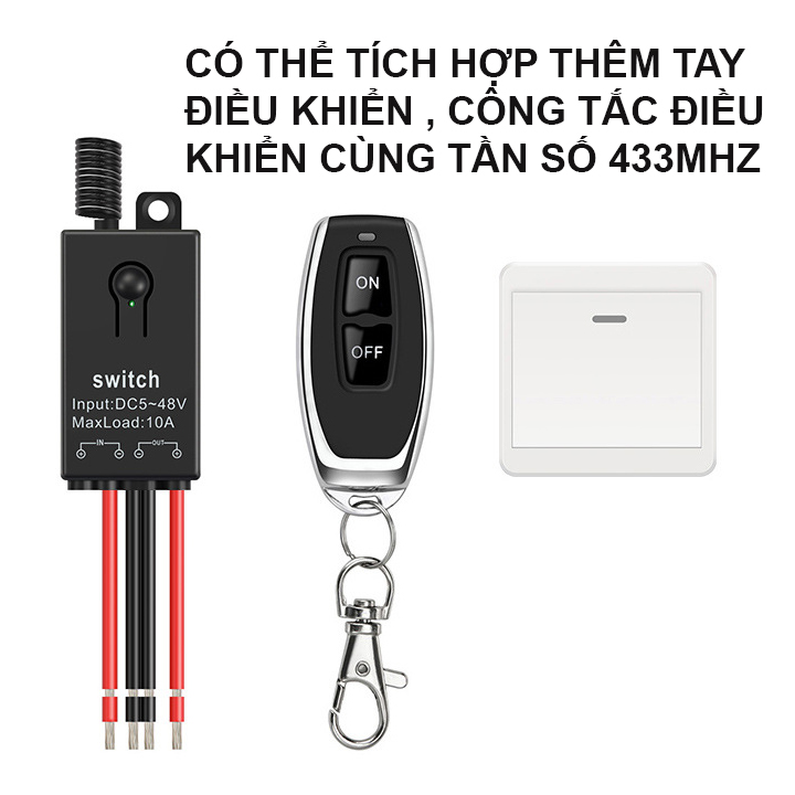 Công tắc điều khiển từ xa 5V 6V 12v 24v 36v 48V/ Dc cho thiết bị điện 1 chiều công suất 10A có học lệnh tần s