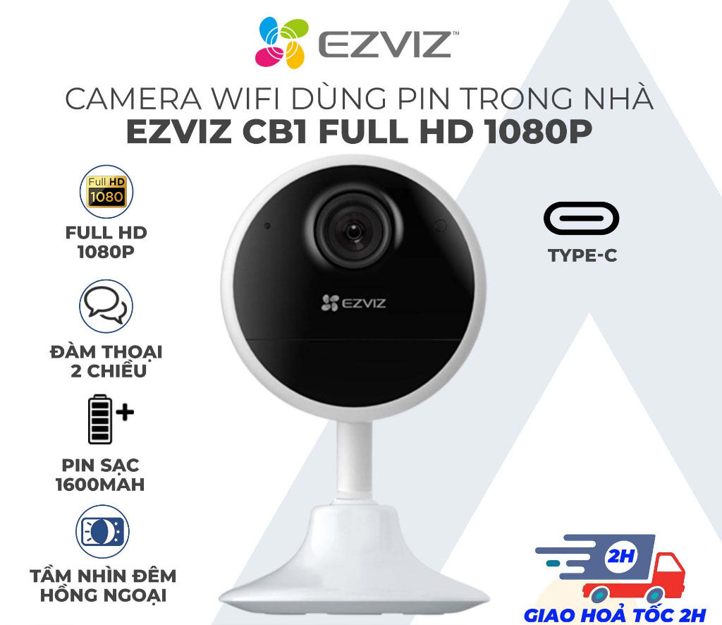 Camera Wifi Dùng Pin Trong Nhà Ezviz CB1 Full HD 1080p Đàm Thoại 2 Chiều Quay Đêm Hồng Ngoại Pin 1600mah Hoạt Động Lên 40 Ngày Phát Hiện Chuyển Động Thông Minh Hỗ Trợ Thẻ Nhớ Đến 512GB