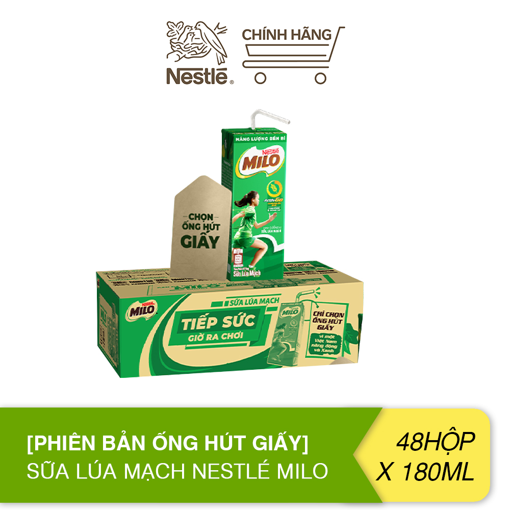 Phiên bản ống hút giấy Sữa lúa mạch Nestlé MILO thùng 48 hộp x 180ml