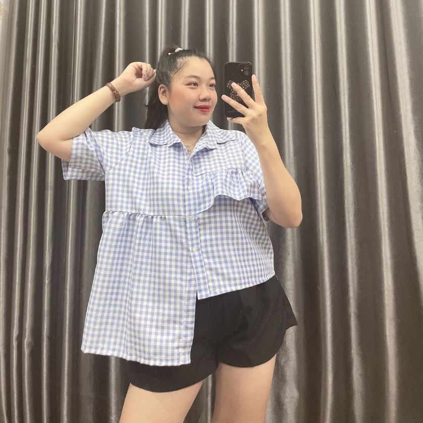 Set đồ bigsize nữ áo sơ mi tà lệch kết hợp quần đùi xếp ly chuppy 60-95kg SET2
