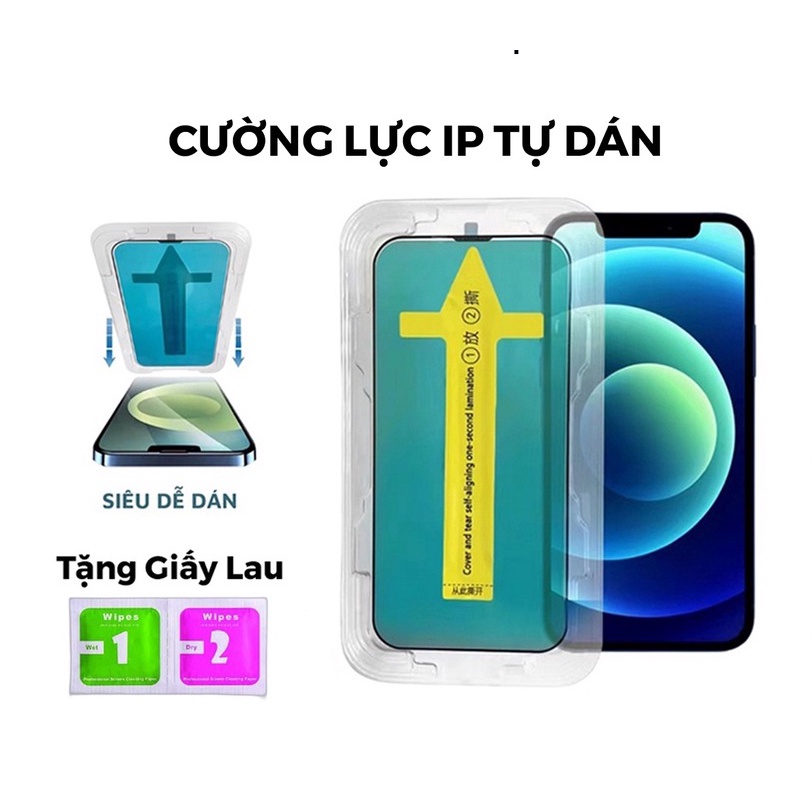 Kính Cường Lực IP Tự Dán, Có Sẵn Khung Dán Dễ Dàng, Chống Bám Bụi khi dán, cường lực có bảo vệ màng loa IP12/13/14pro/plus/promax