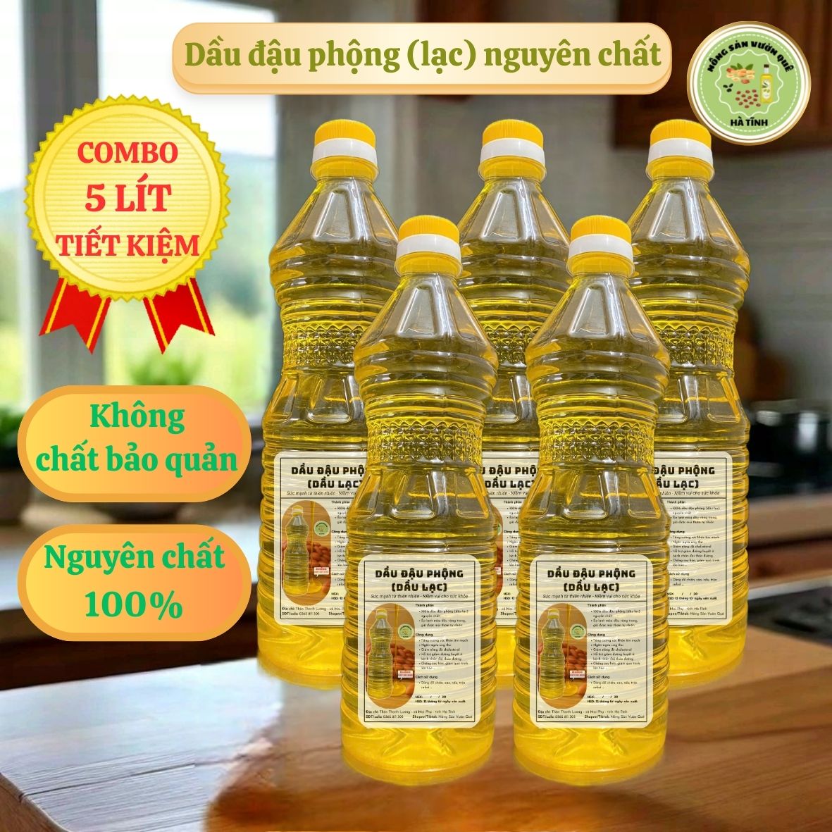 COMBO 5 Chai 1L – Dầu Lạc Nguyên Chất Ép Lạnh – Nông Sản Vườn Quê BÉ LAND – Dầu Đậu Phộng Quê Hà Tĩnh