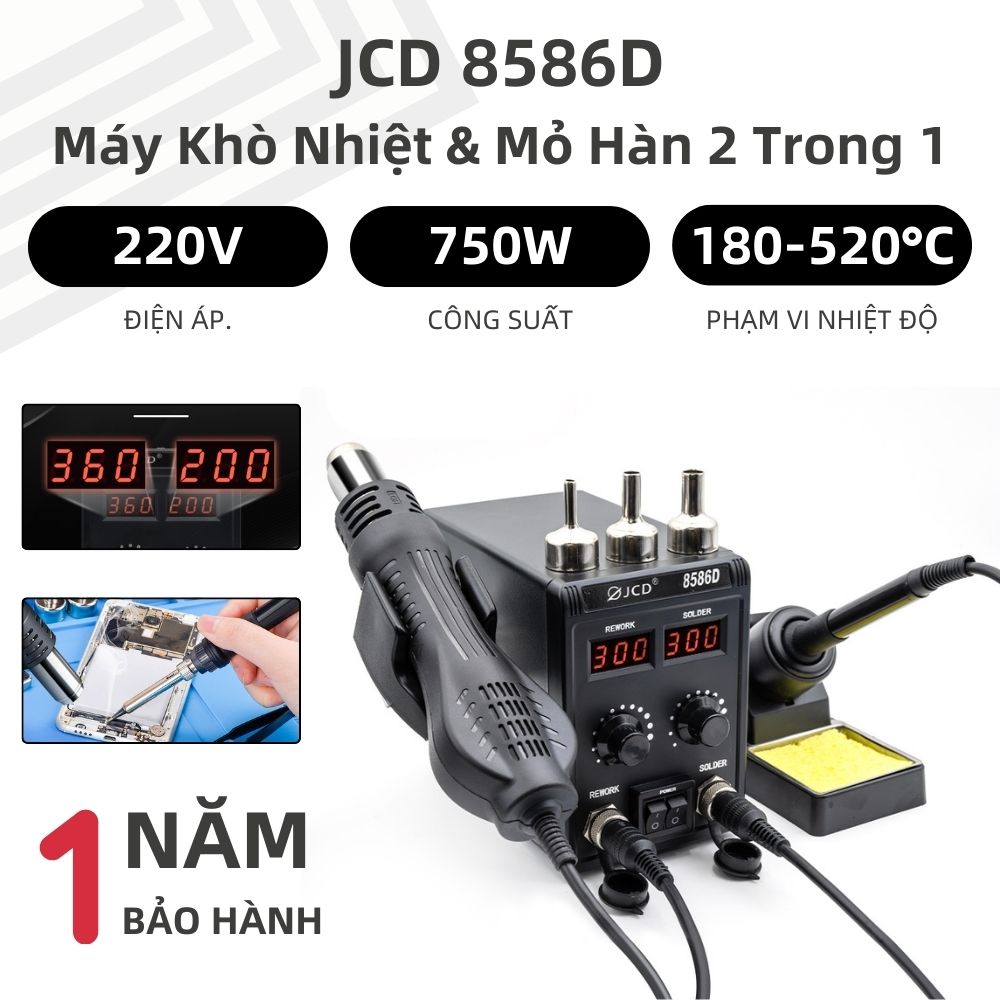 JCD 750W/220V máy khò nhiệt&mỏ hàn 2 trong 1 8586D Cho Điện Thoại Di Động BGA SMD PCB IC Trạm hàn khò soldering stations