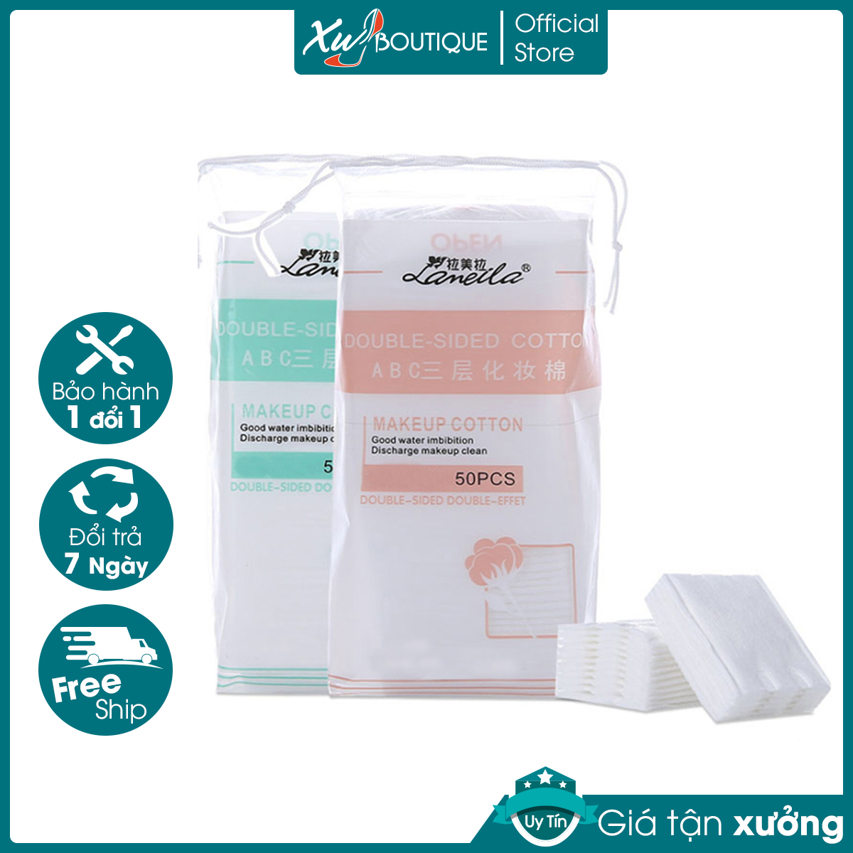 Bộ 50 Khăn Giấy, Bông Tẩy Trang Cotton Hình Thú Túi Đựng Lameila