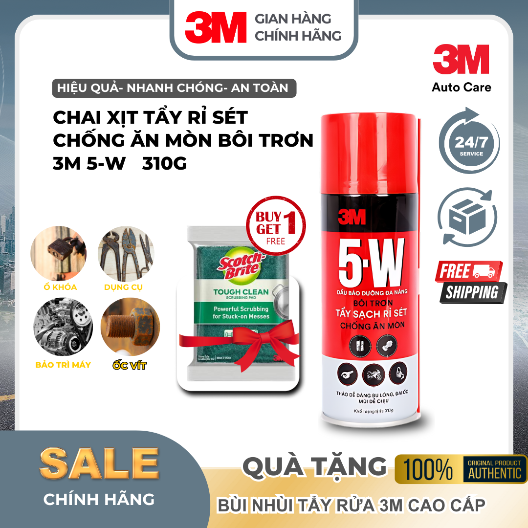 Chất Tẩy Rỉ Sét Và Bôi Trơn 3M™ 5-W 310g - Hàng chính hãng - Tẩy sét, bôi trơn các loại ổ khóa, khe cửa lùa, đẩy nước ra khỏi ổ khóa xe, bugi, công tắc ôtô xe máy sau khi rửa xe, ngập nước.