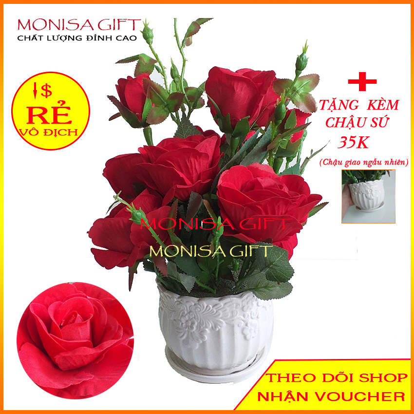 Hoa Hồng Nhung Cao Cấp Monisa Gift {TẶNG Chậu Sứ 35K}- Hoa Giả Cho không gian nhà Bạn, Hoa Hồng Vải Voan Phủ Nhung Cao Cấp - Hoa Lụa Cao Cấp - Hoa Vải Đẹp