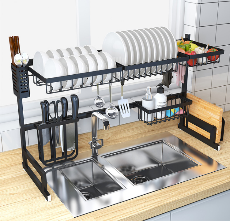 Kệ bát đĩa để trên chậu rửa bát 65cm, 85cm có giá để dao thớt, ống cắm đũa thìa, giỏ để nước rửa chén kệ úp chén bát, kệ úp bát trên bồn rửa chén, kệ úp bát đũa, giá để bát đũa, giá úp bát