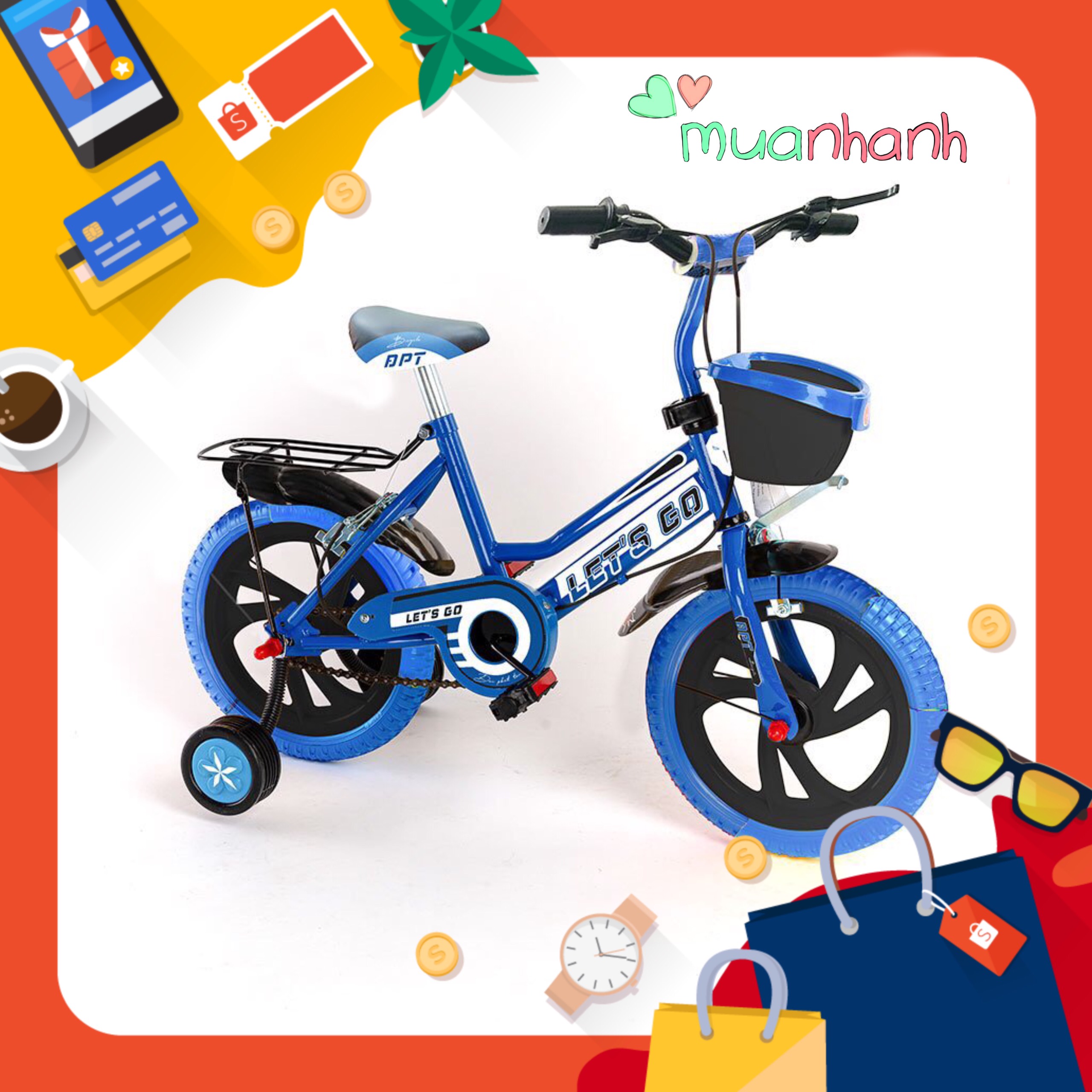 Xe đạp trê em Letgo cho bé từ 3-6 tuổi Size 12 Inch, 14 Inch  có chuông