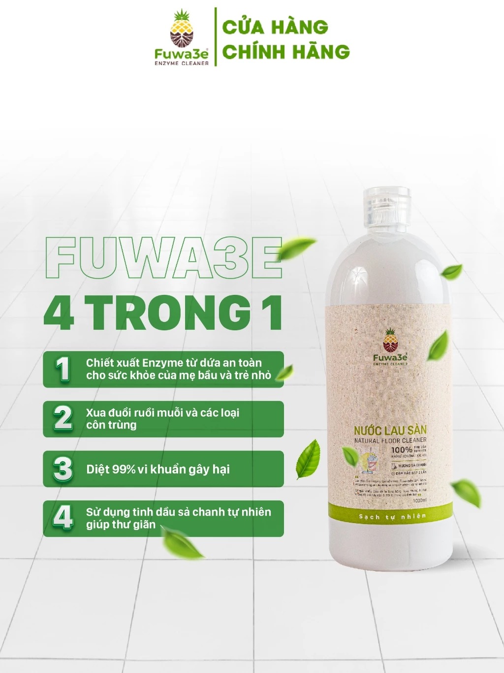 Nước Lau Sàn Quế, Chanh Sả Fuwa3e Hữu Cơ Đuổi Muỗi Diệt Khuẩn Đậm Đặc 1L